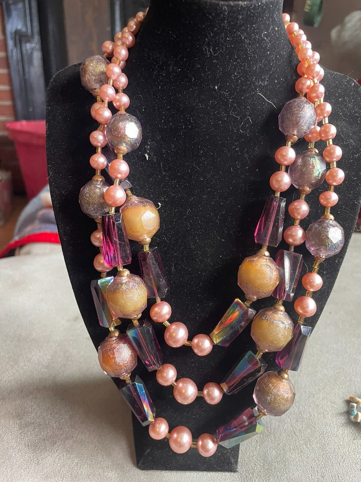 1950's multistrand pink bottom clasp vintage necklace glass and mixed material
