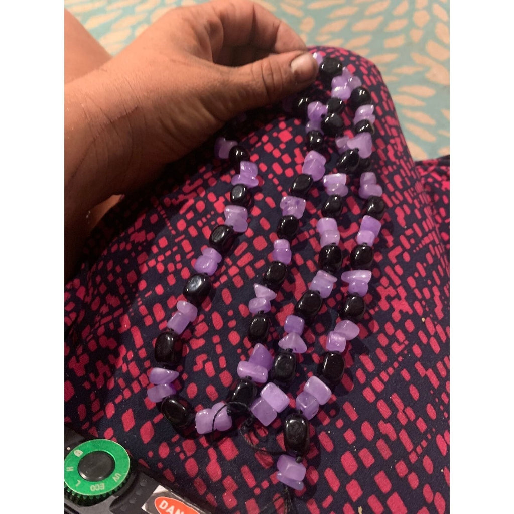 Handmade Purple Lavender Quartz Black Onyx Beaded Strand Necklace Boho Statement
