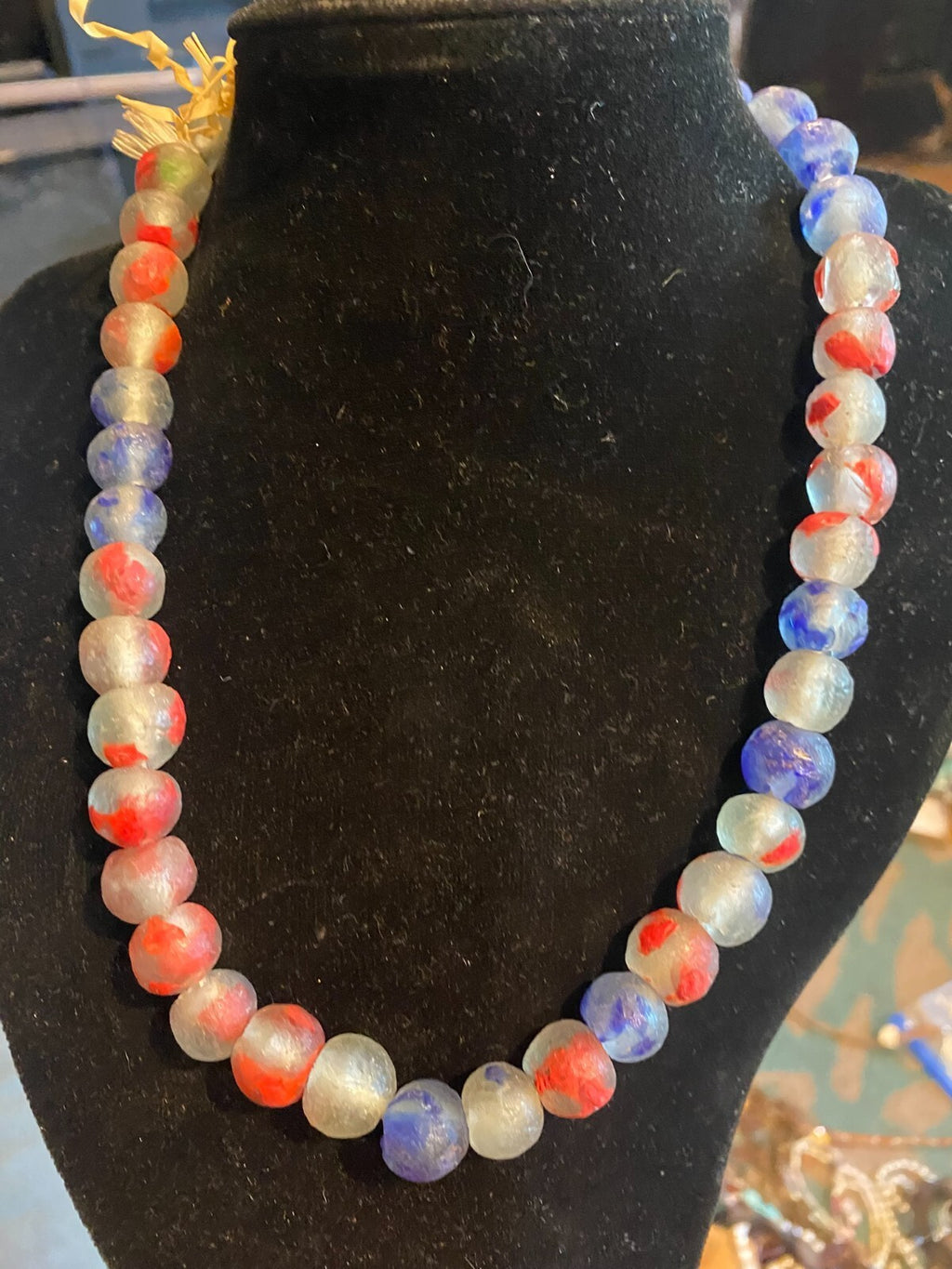 Handcrafted Ghanaian Krobo Recycled Glass Bead Necklace Red Blue White