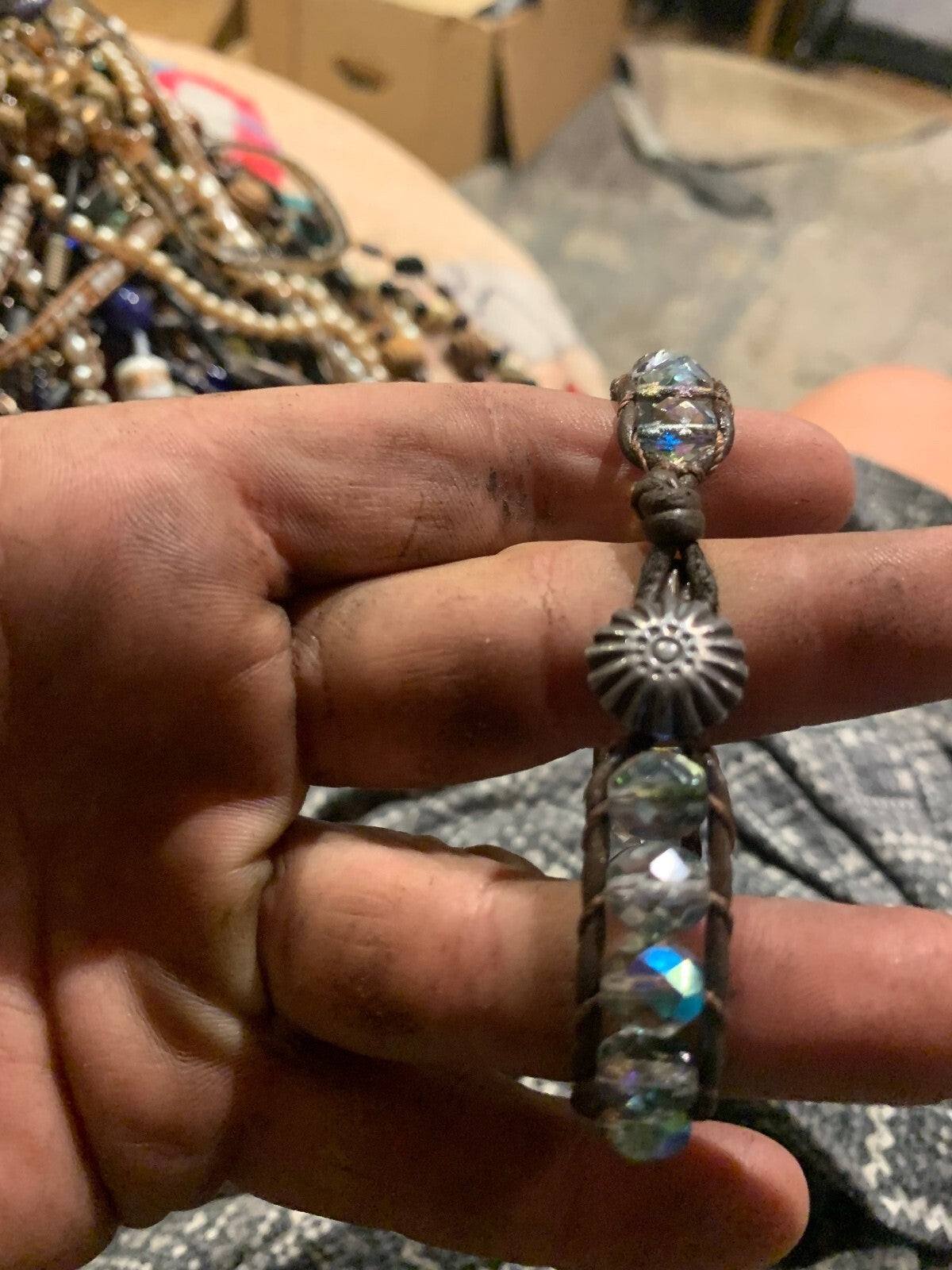 Vintage Silver Crystal Beaded Bracelet with Sunburst Charm