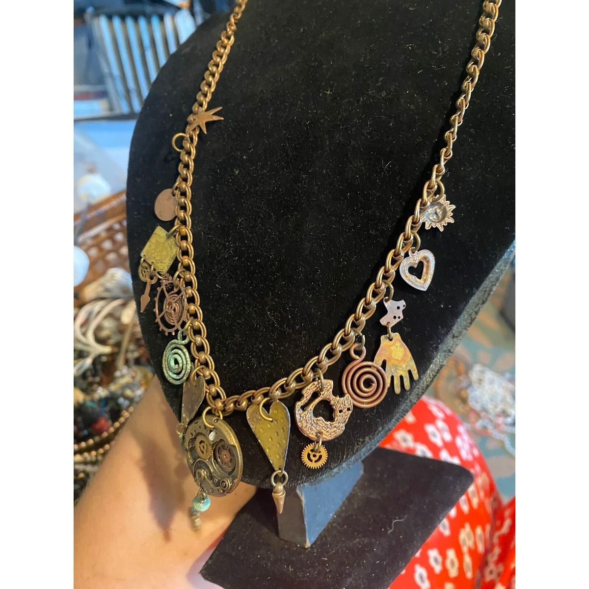 Mixed Metal Steampunk Charm Necklace Gold Tone Chain Watch Gears Hearts Spirals