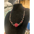 Vintage Red Ribbed Glass Beaded Necklace Black Silver Tone S-Hook Clasp 18in