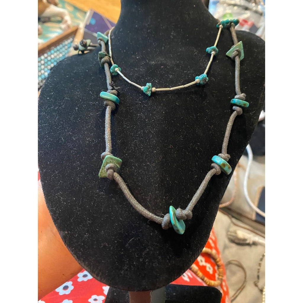 Set of 2 Turquoise Necklaces Knotted Cord and Liquid Silver Style Beads