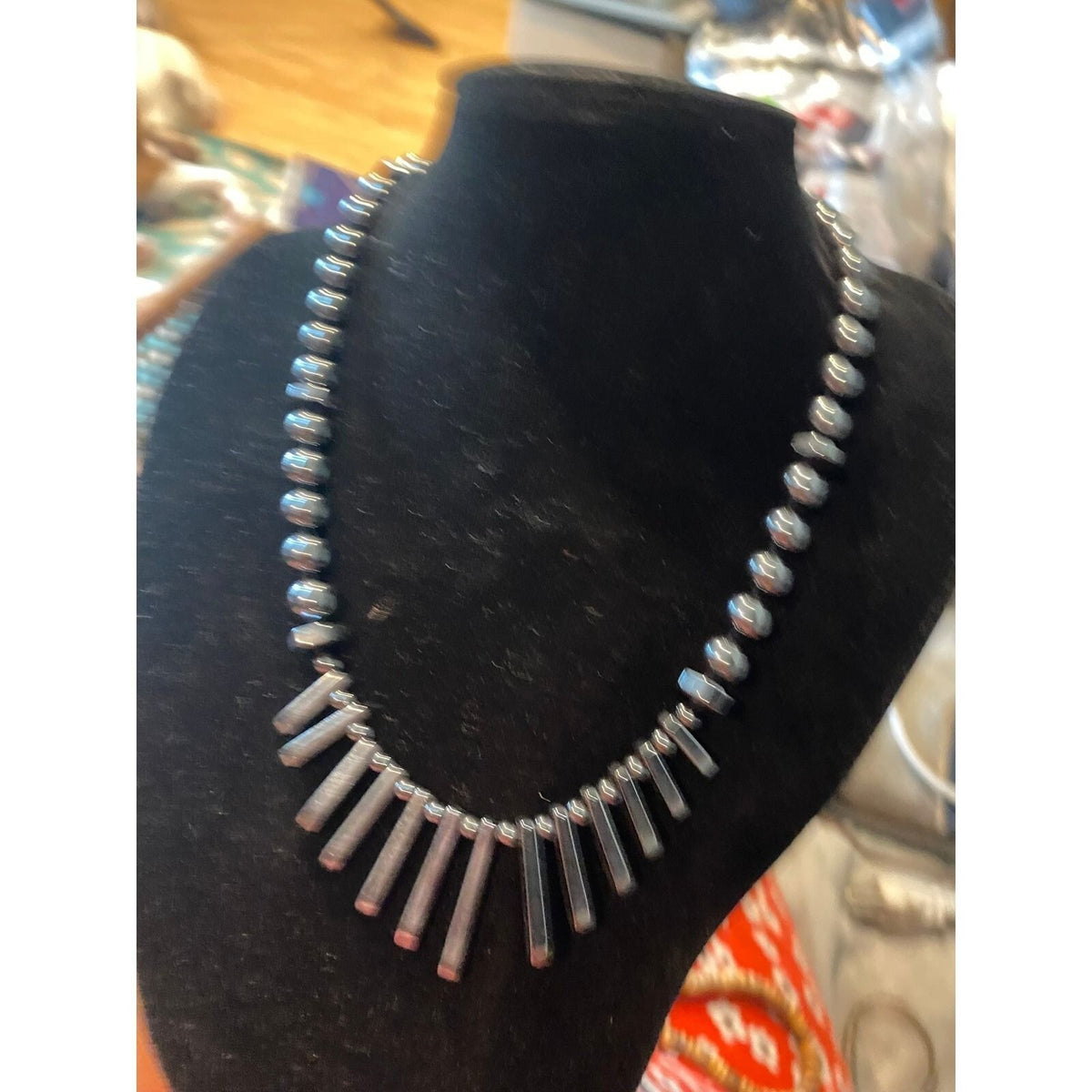 Vintage Gold Filled Hematite Fringe Necklace Gunmetal Stone Statement 18in