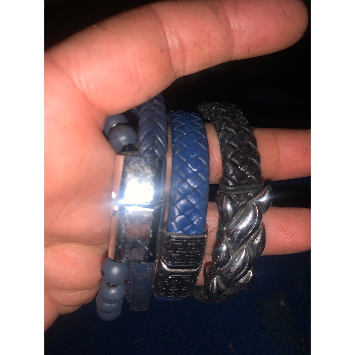 Mens 4pc Bracelet Set Stainless Steel Braided Leather Blue Black Beaded Stack