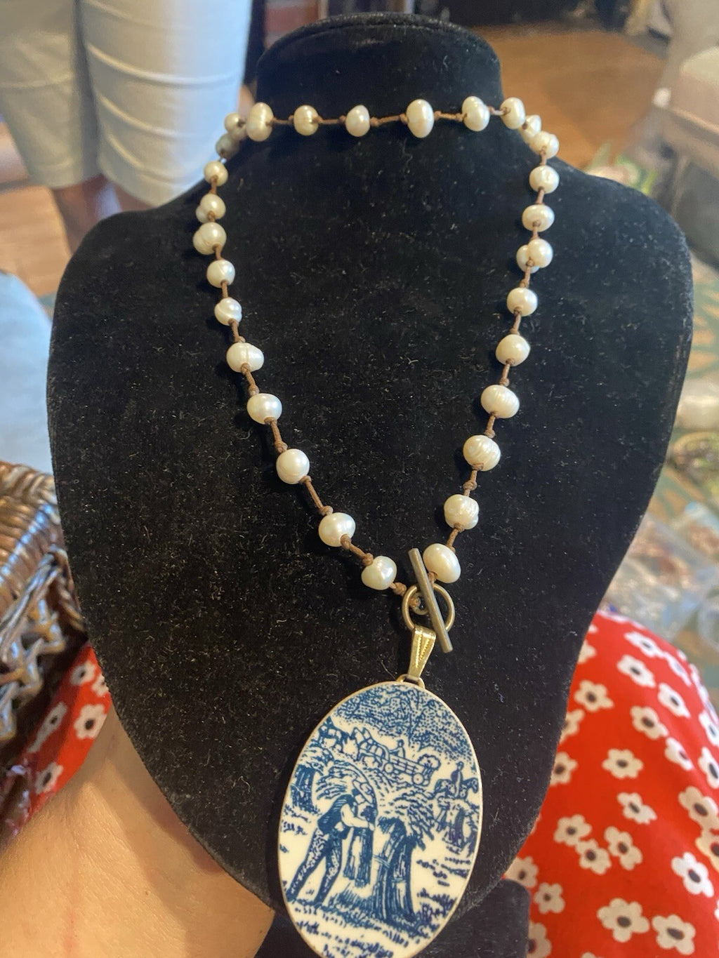 Currier And Ives Pearl Pendant Up cycled Necklace