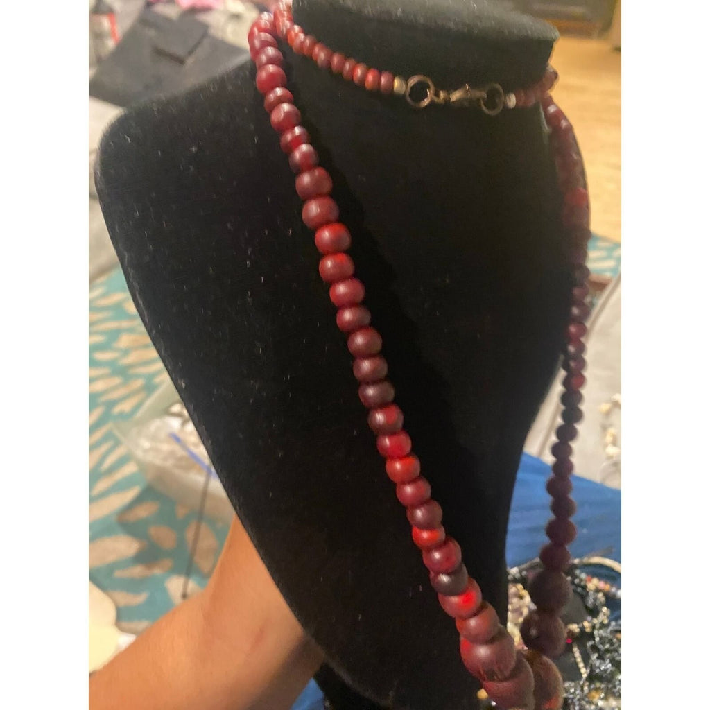 Vintage Red Graduated Beaded Necklace UV Reactive Wood Boho Statement 20 Inch