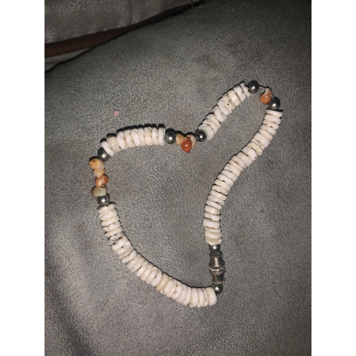 Vintage Puka Shell Necklace White Orange Beads Silver Tone Barrel Clasp Beach