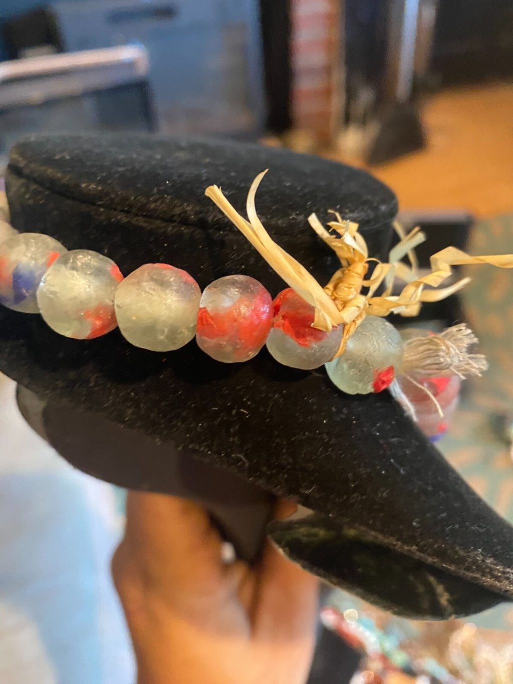Handcrafted Ghanaian Krobo Recycled Glass Bead Necklace Red Blue White