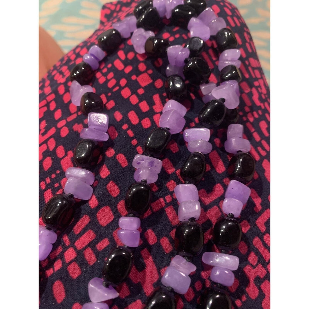 Handmade Purple Lavender Quartz Black Onyx Beaded Strand Necklace Boho Statement