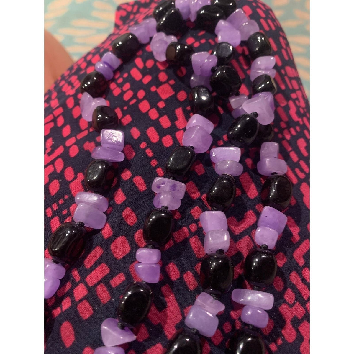 Handmade Purple Lavender Quartz Black Onyx Beaded Strand Necklace Boho Statement