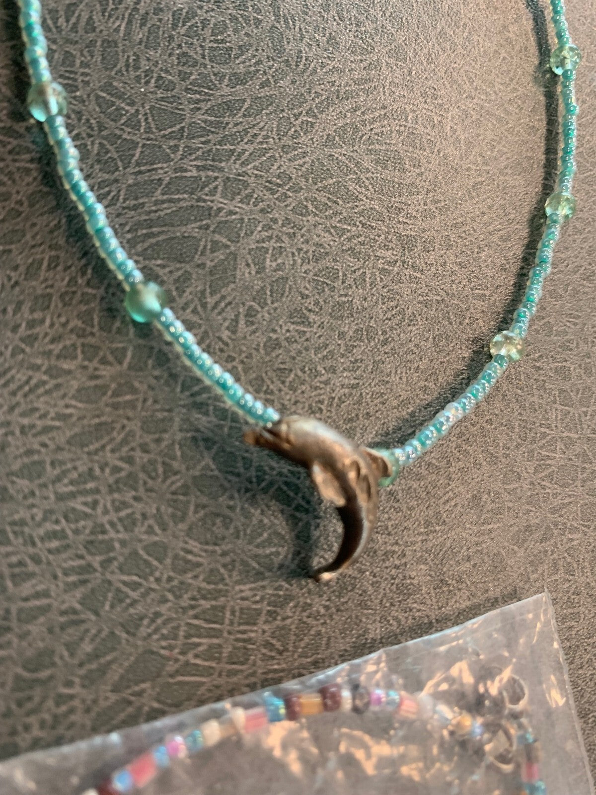Handmade Light Blue Beaded Sterling Dolphin Charm Necklace