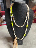 Vintage Boho Beaded Tassel Necklace Multi Strand Lime Green Beige Flapper Long
