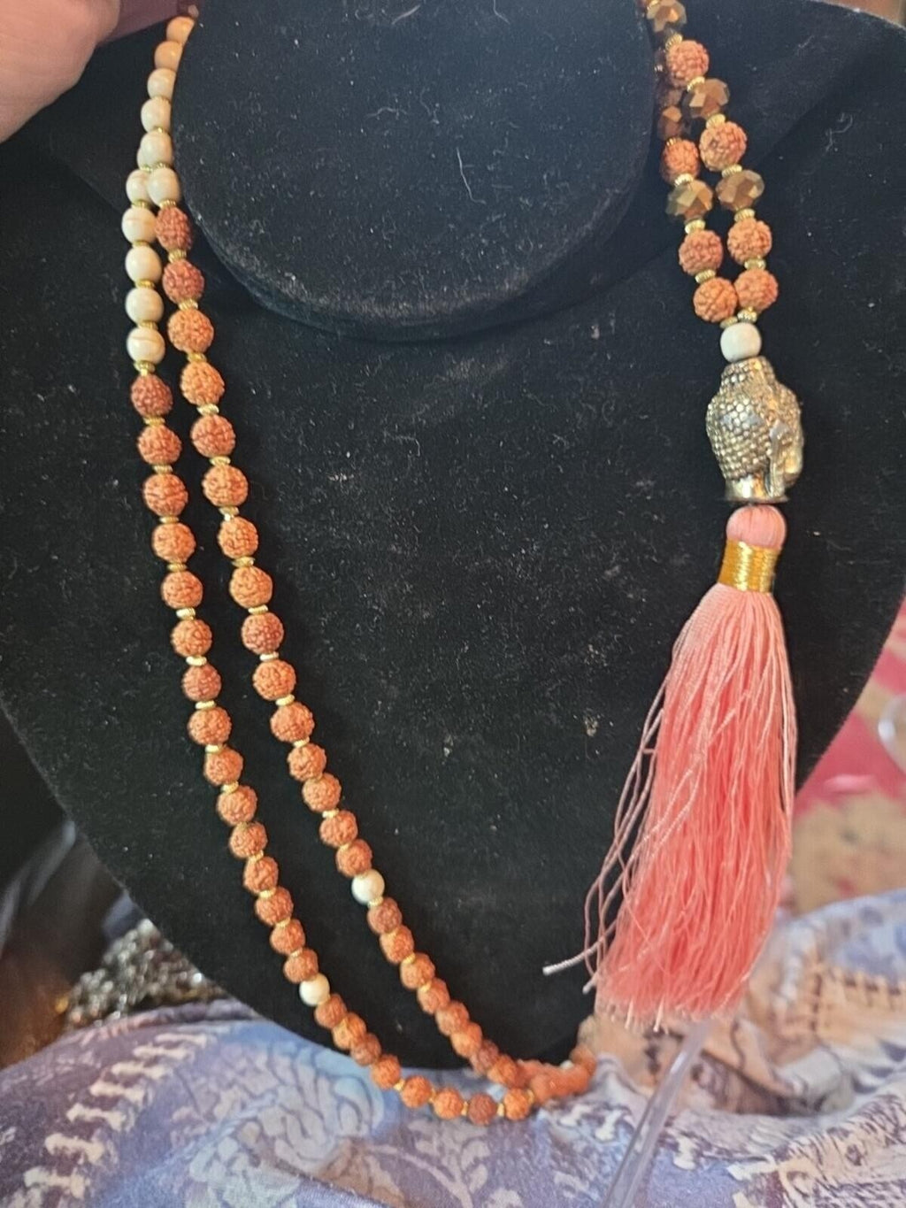 Bronze Budda Brown And Cream Beading  Silk Pink Tassel