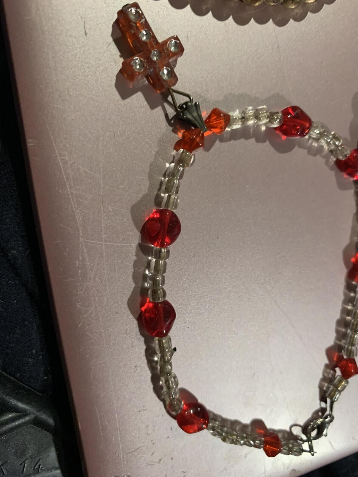 Handmade Beaded Cross Bracelet with Red and Clear Beads