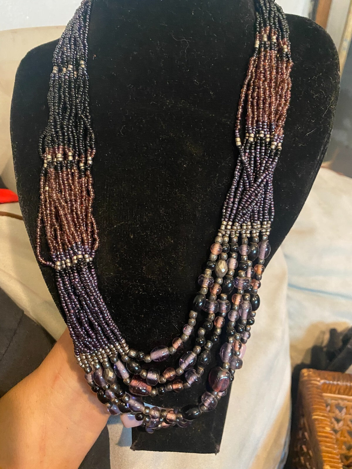 Boho Earthy Brown Purple Beaded Multi Strand Statement Necklace Vintage Style
