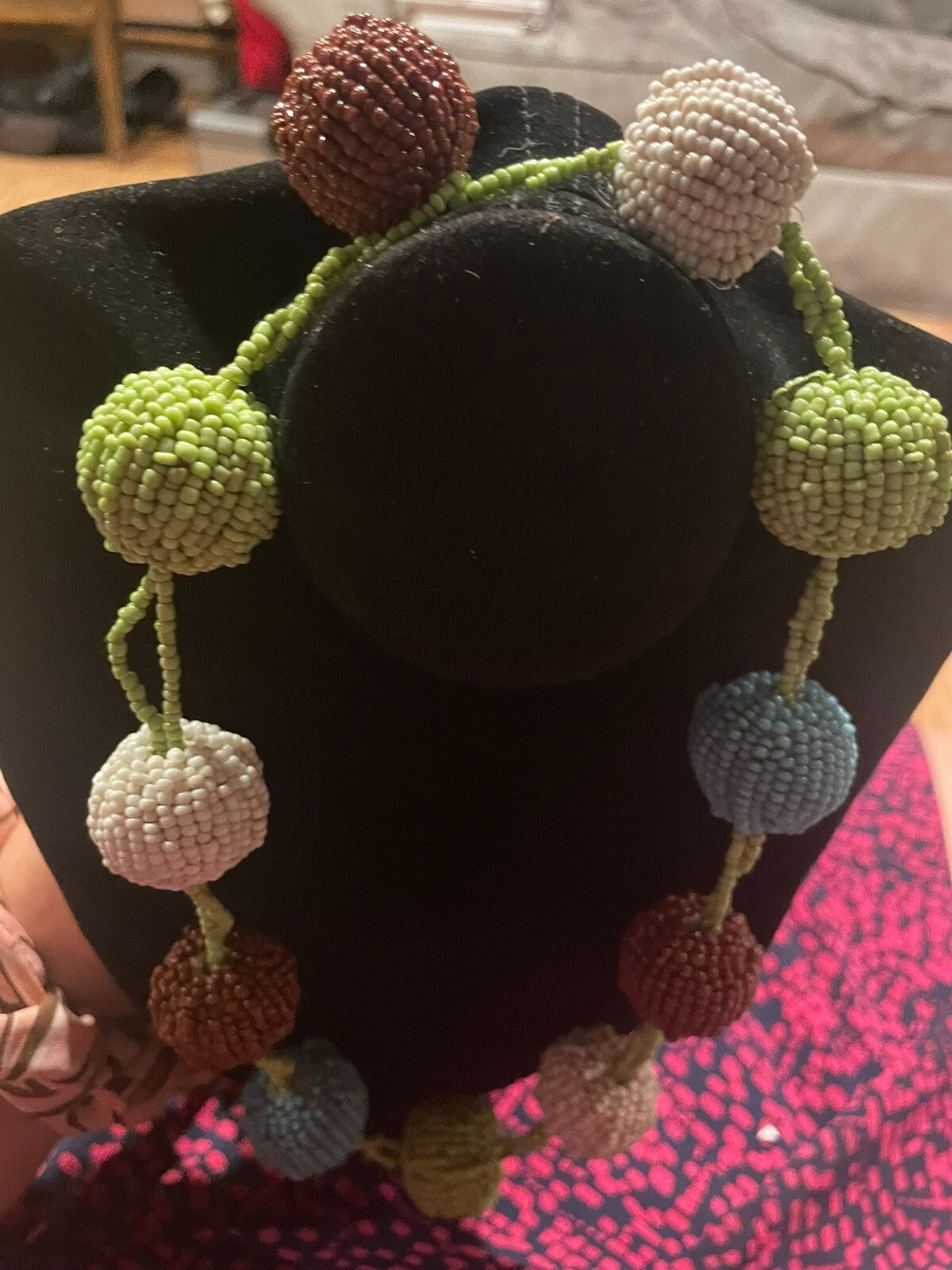 chunky bohemian beaded sphere and seed-beaded globe necklace