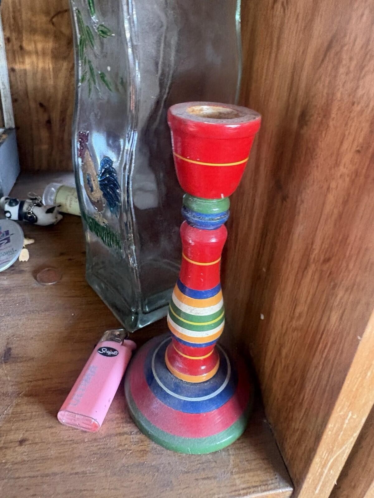 Vintage Red & Green Hand Turned Painted Wooden Candlesticks