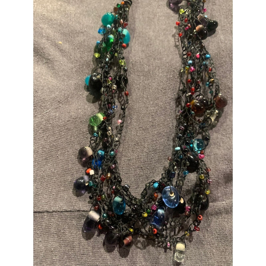 Artisan Handcrafted Crochet Multi Strand Glass Bead Statement Necklace Black 20"