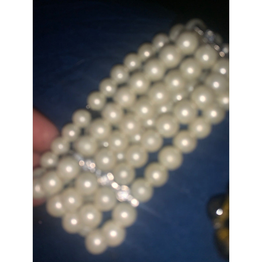 Vintage Style Faux Pearl Multi Strand Stretch Bracelet Rhinestone Spacers Cream