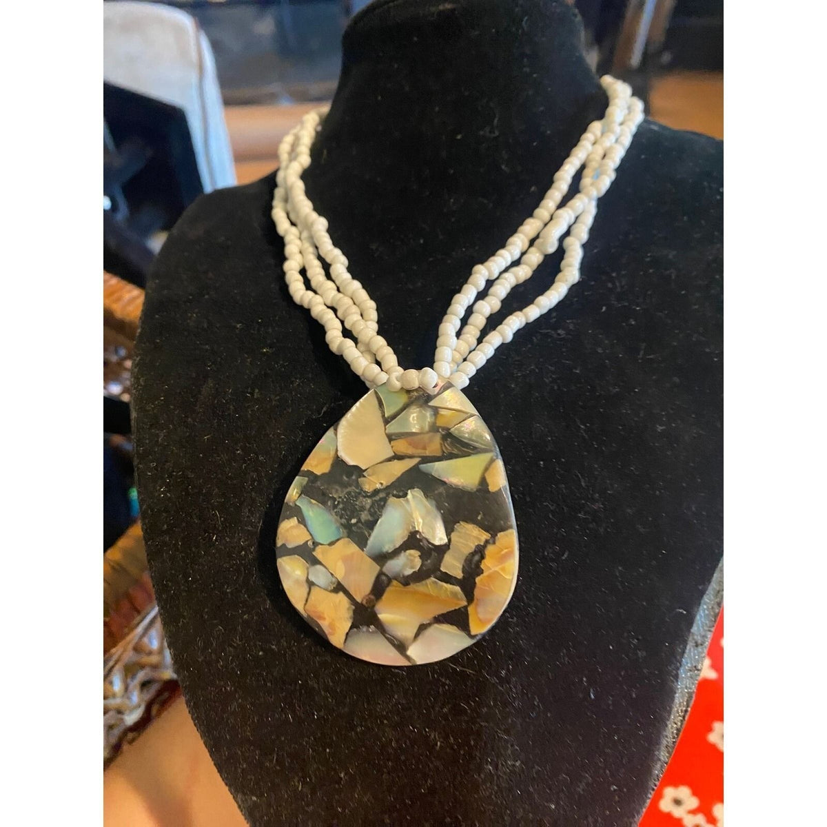 Mosaic Abalone Mother of Pearl Teardrop Pendant Multi Strand Seed Bead Necklace