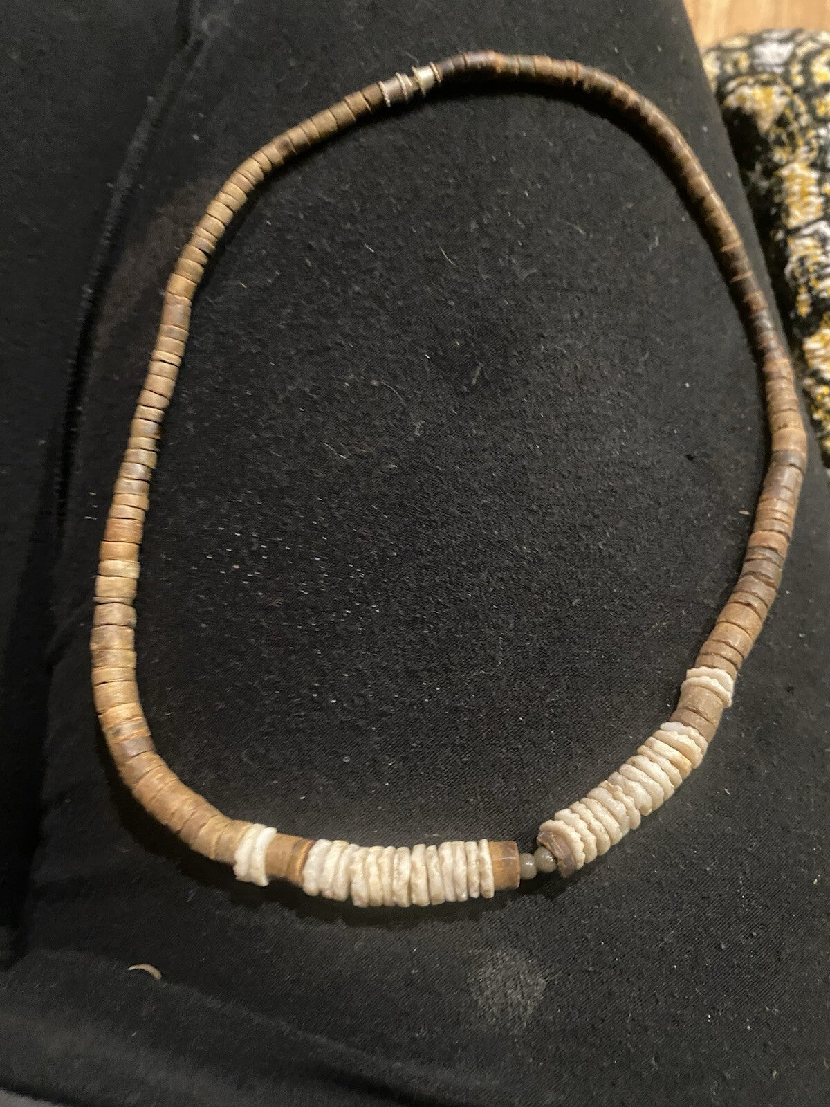 Vintage Heishi Bead Necklace Barrel Clasp Brown White Hemp 1970s 1980s