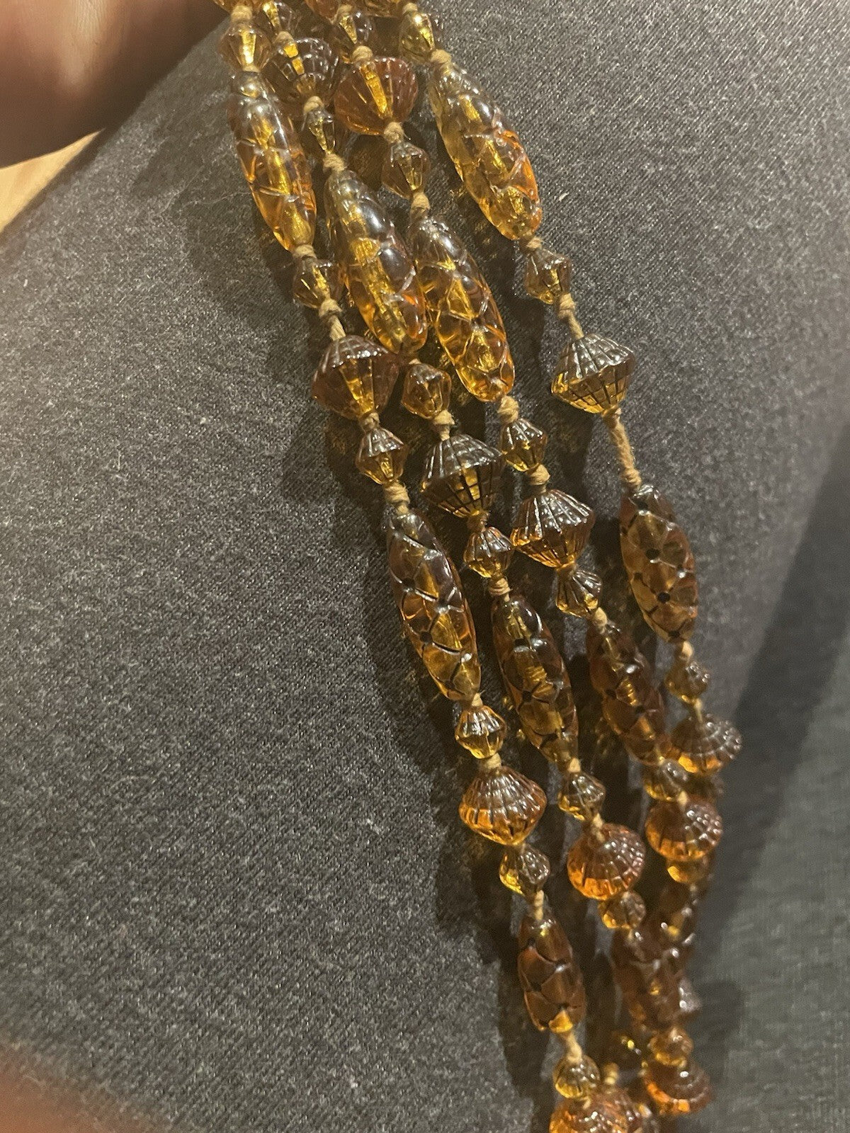 1920’s Czech Glass Honey Amber Carved Glass Bead Necklace