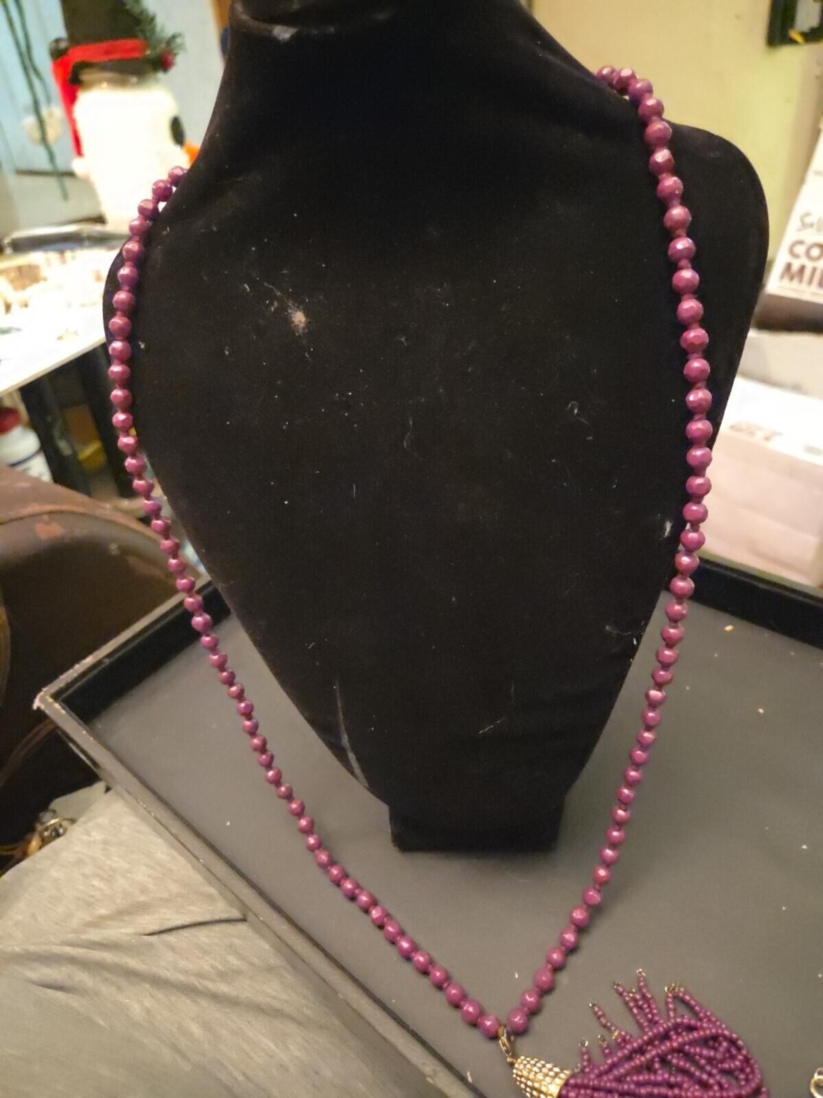 Jumbo Cabaret Beaded Tassel Pendant Necklace Antique Purple