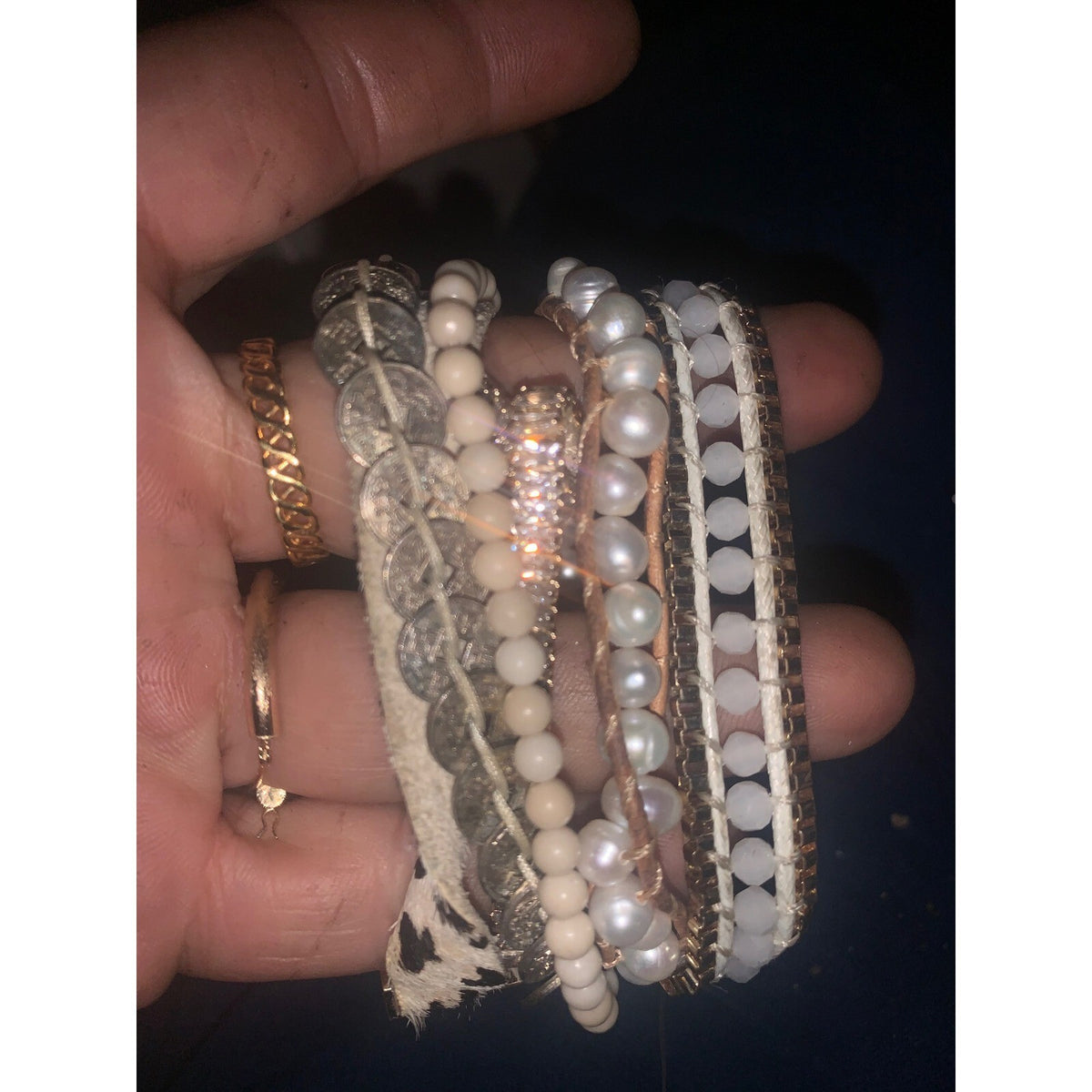 Victoria Emerson Boho Cuff Bracelet Leopard Print Pearl Bead Magnetic Clasp Gold