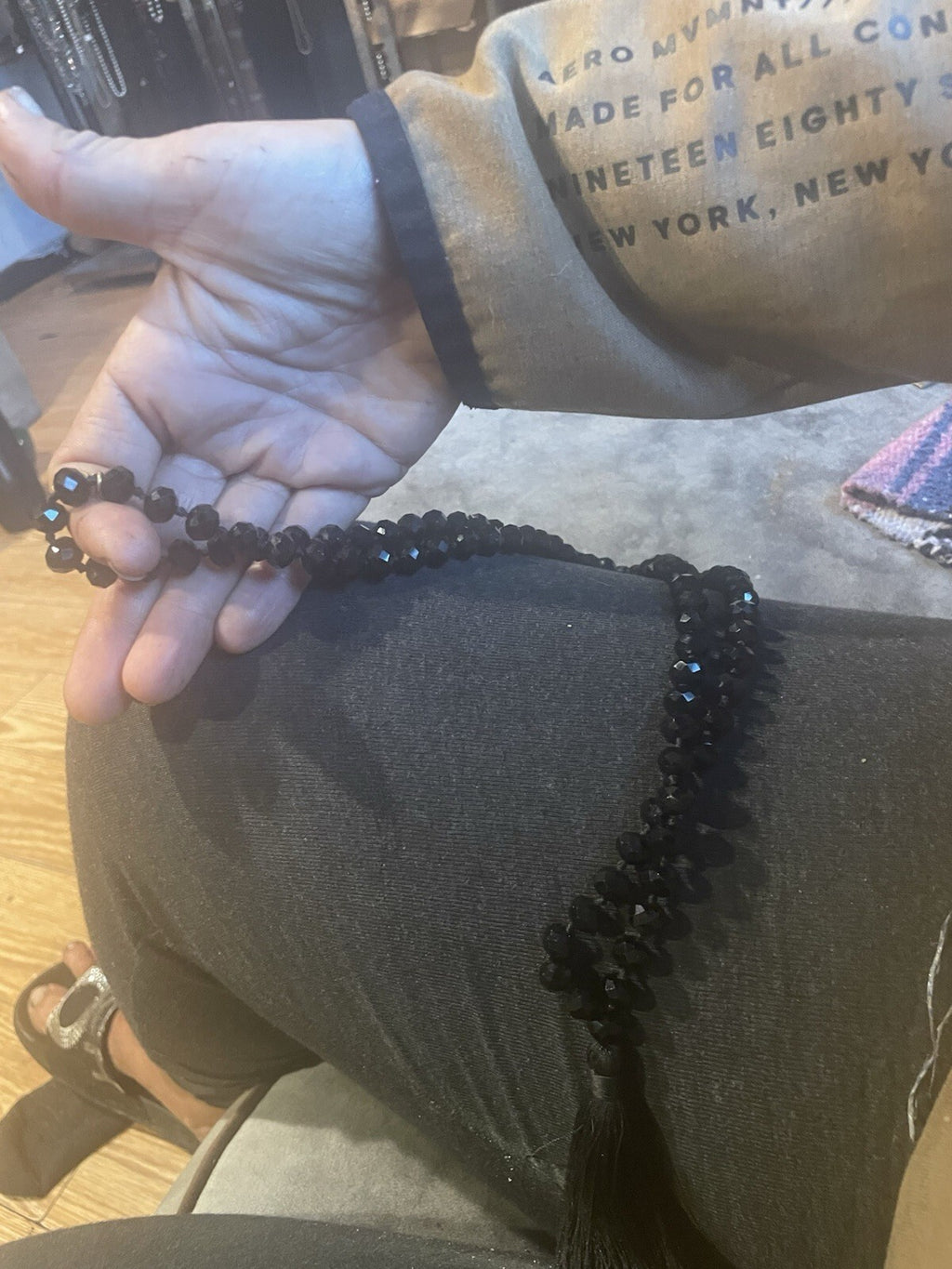Zacasha 67” Necklace Black Swarovski Crystal & Beaded Tassel Drop Lariat Vintage