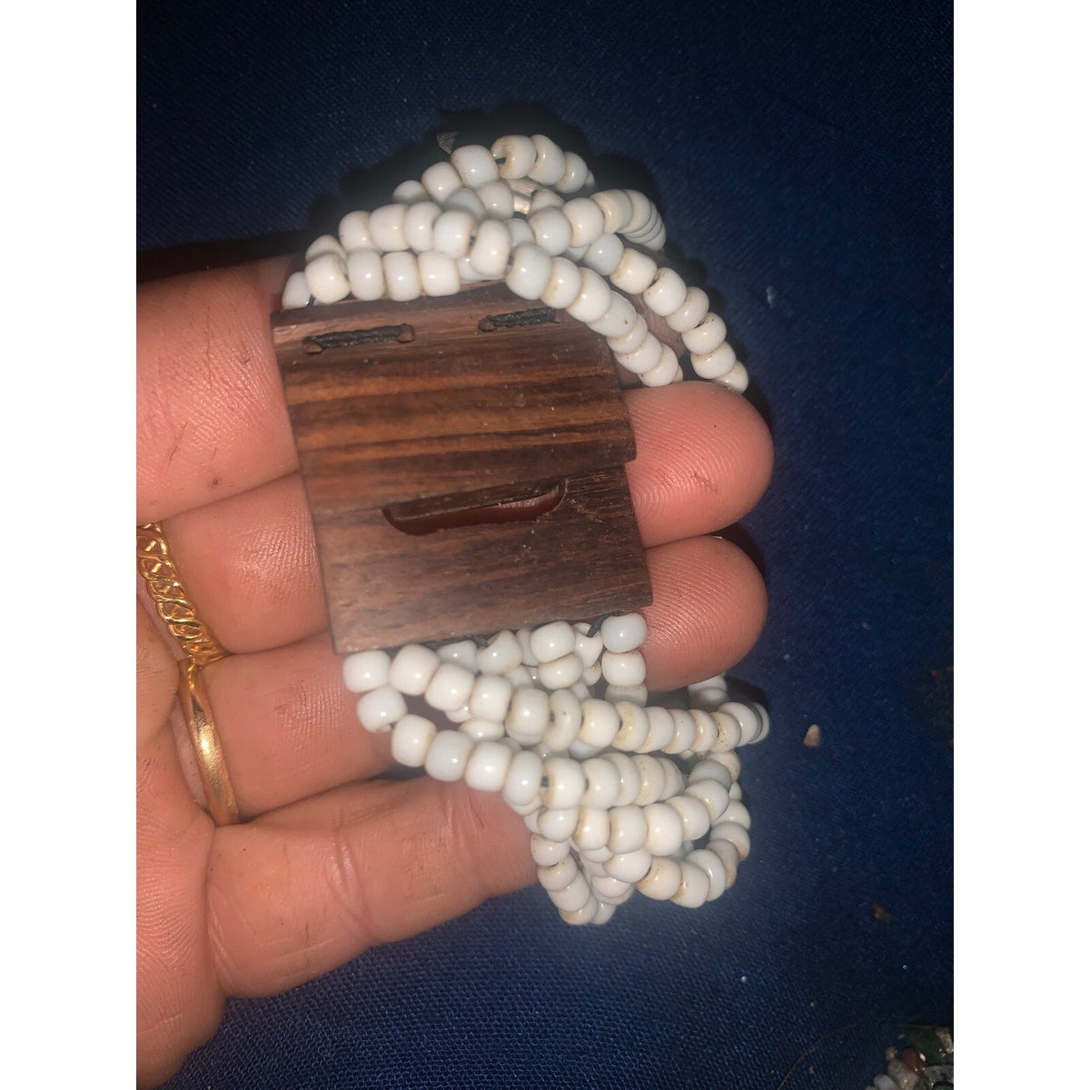 Vintage Multi Strand White Seed Bead Bracelet Wood Toggle Clasp Boho