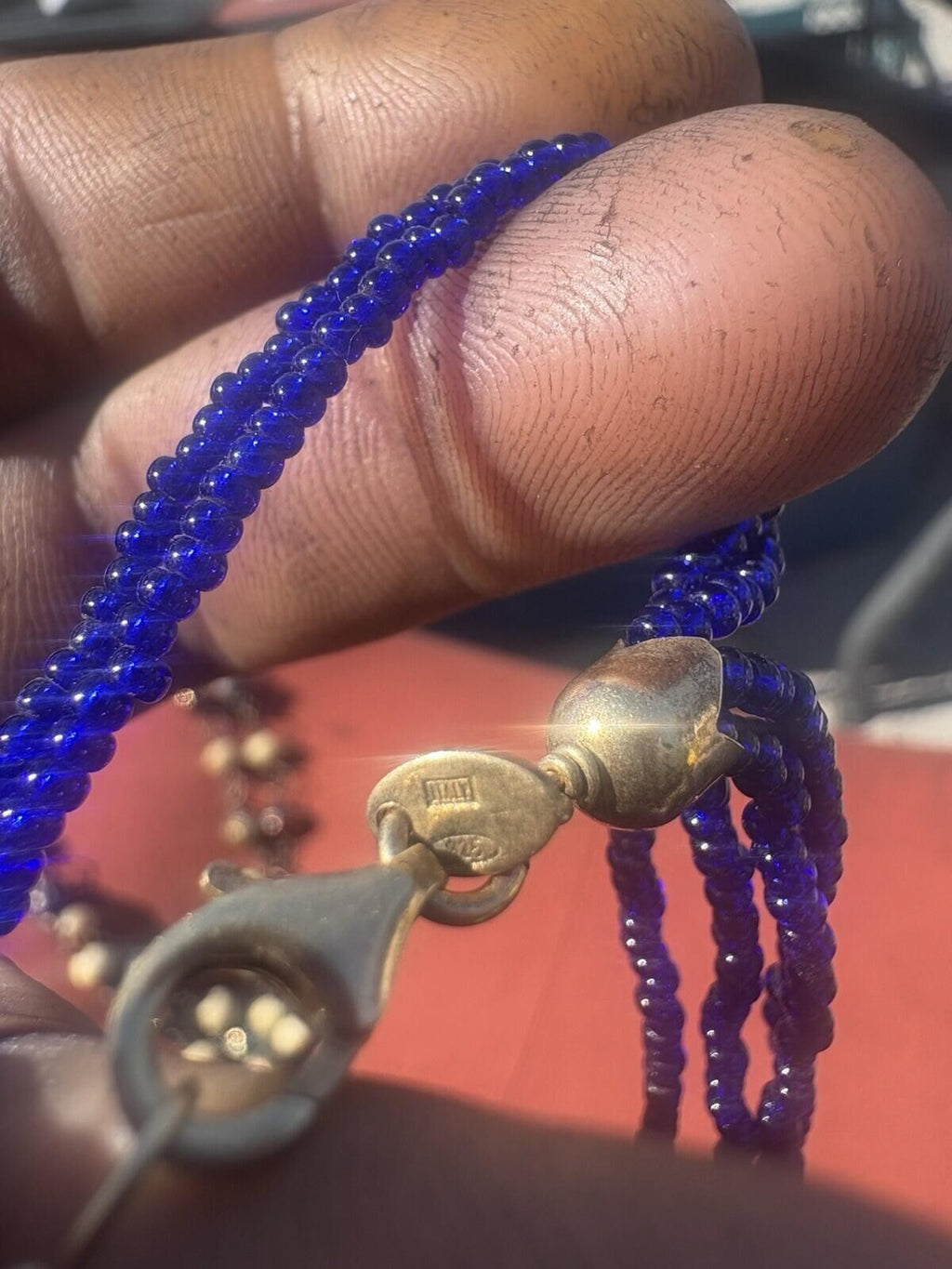Vintage Cobalt Blue Glass Multi Strand Seed Bead Necklace Excellent 925 Italy