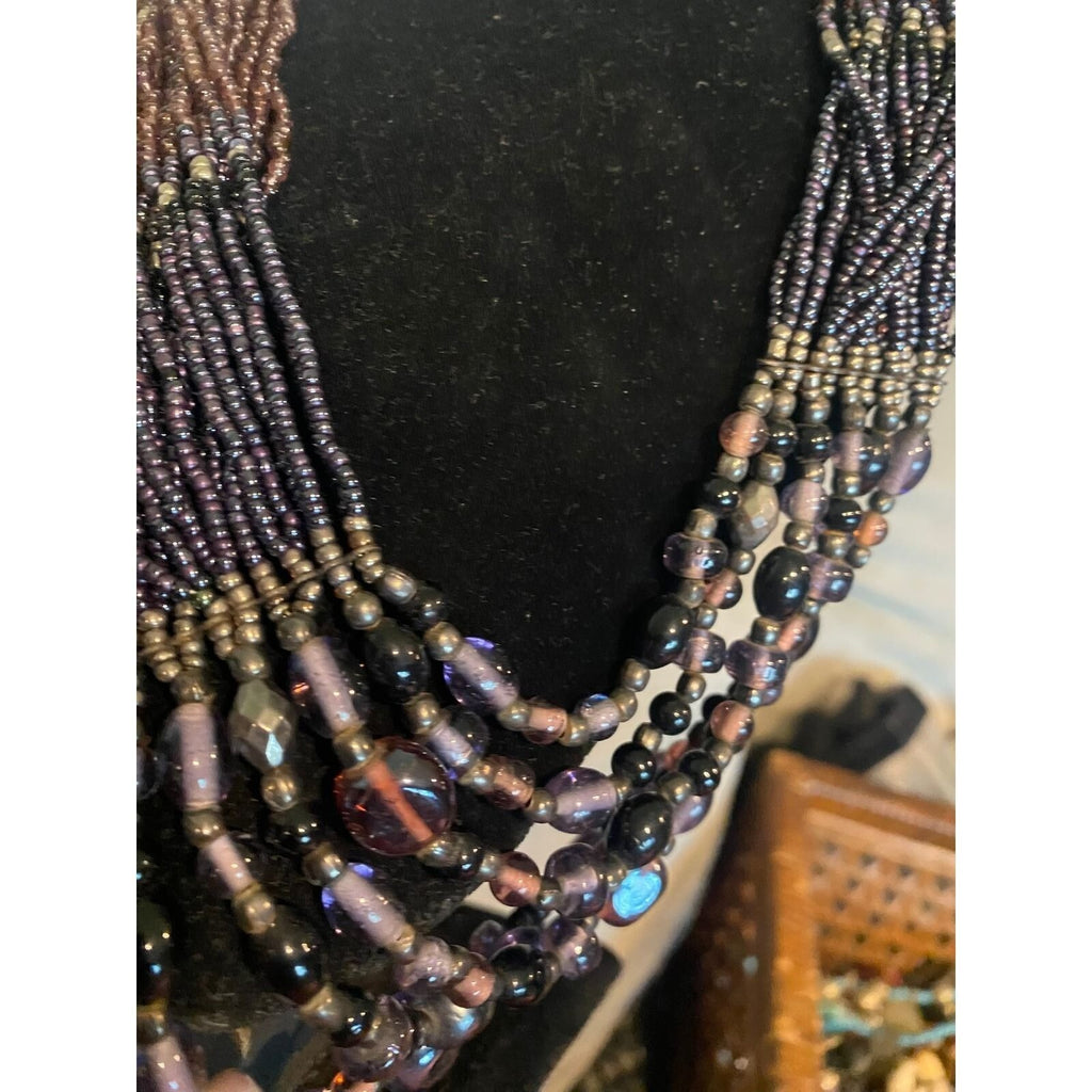 Multi Strand Seed Bead Statement Necklace Purple Mauve Black Iridescent Layered