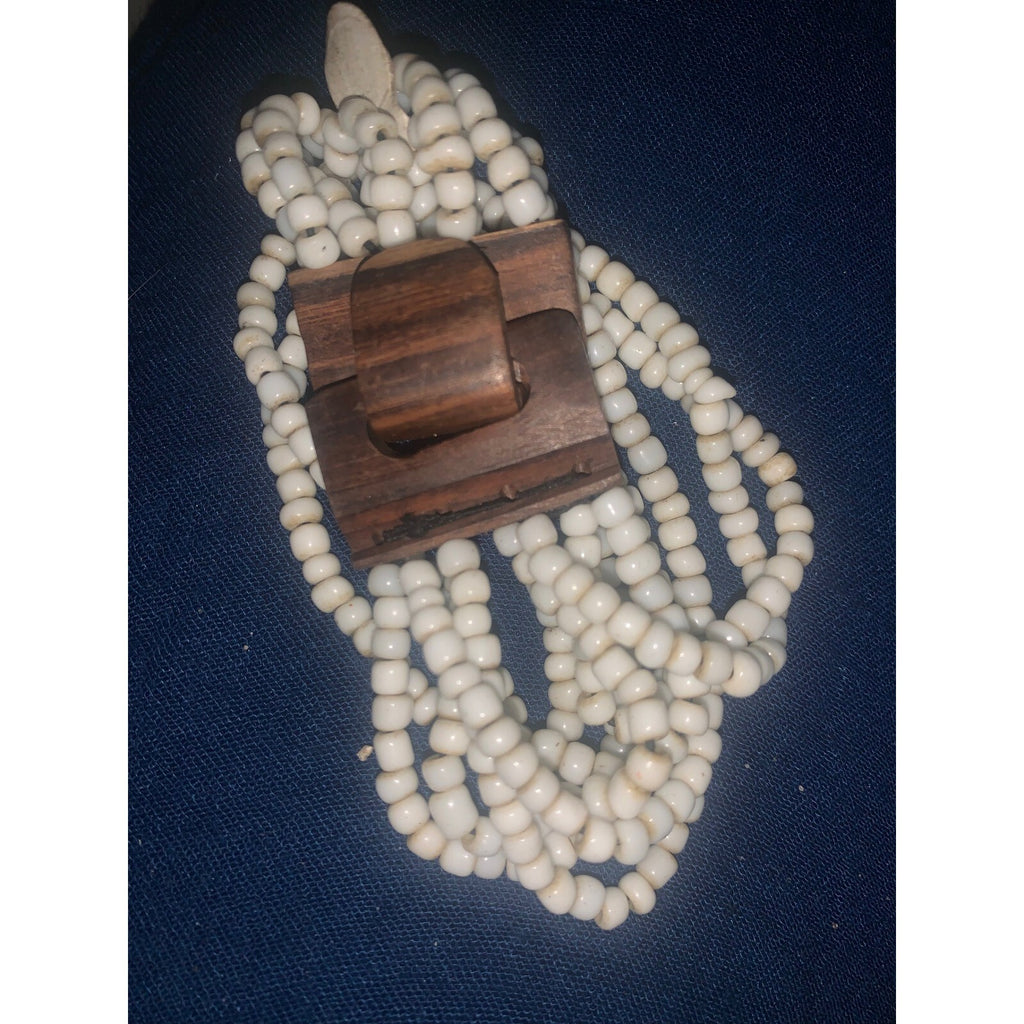 Vintage Multi Strand White Seed Bead Bracelet Wood Toggle Clasp Boho