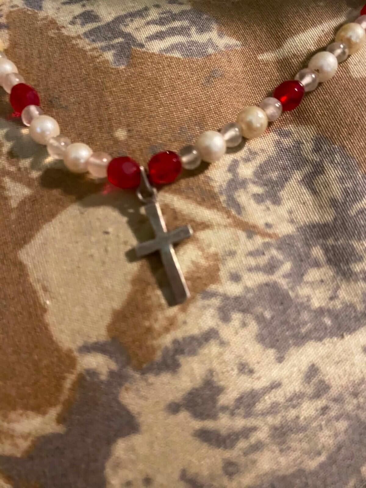 czech glass and natural pearl sterling cross bracelet