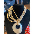 Multi Strand Wood Bead Mother of Pearl Shell Donut Pendant Statement Necklace