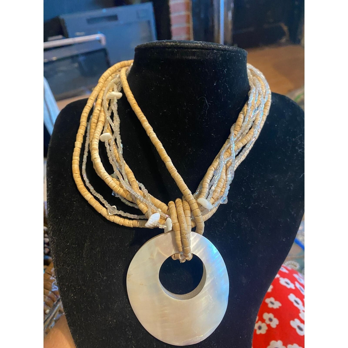 Multi Strand Wood Bead Mother of Pearl Shell Donut Pendant Statement Necklace