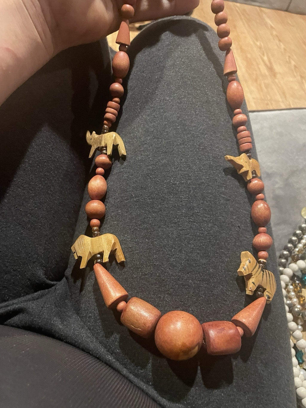 Vintage African Hand Carved Wooden Animal Safari Bead Necklace