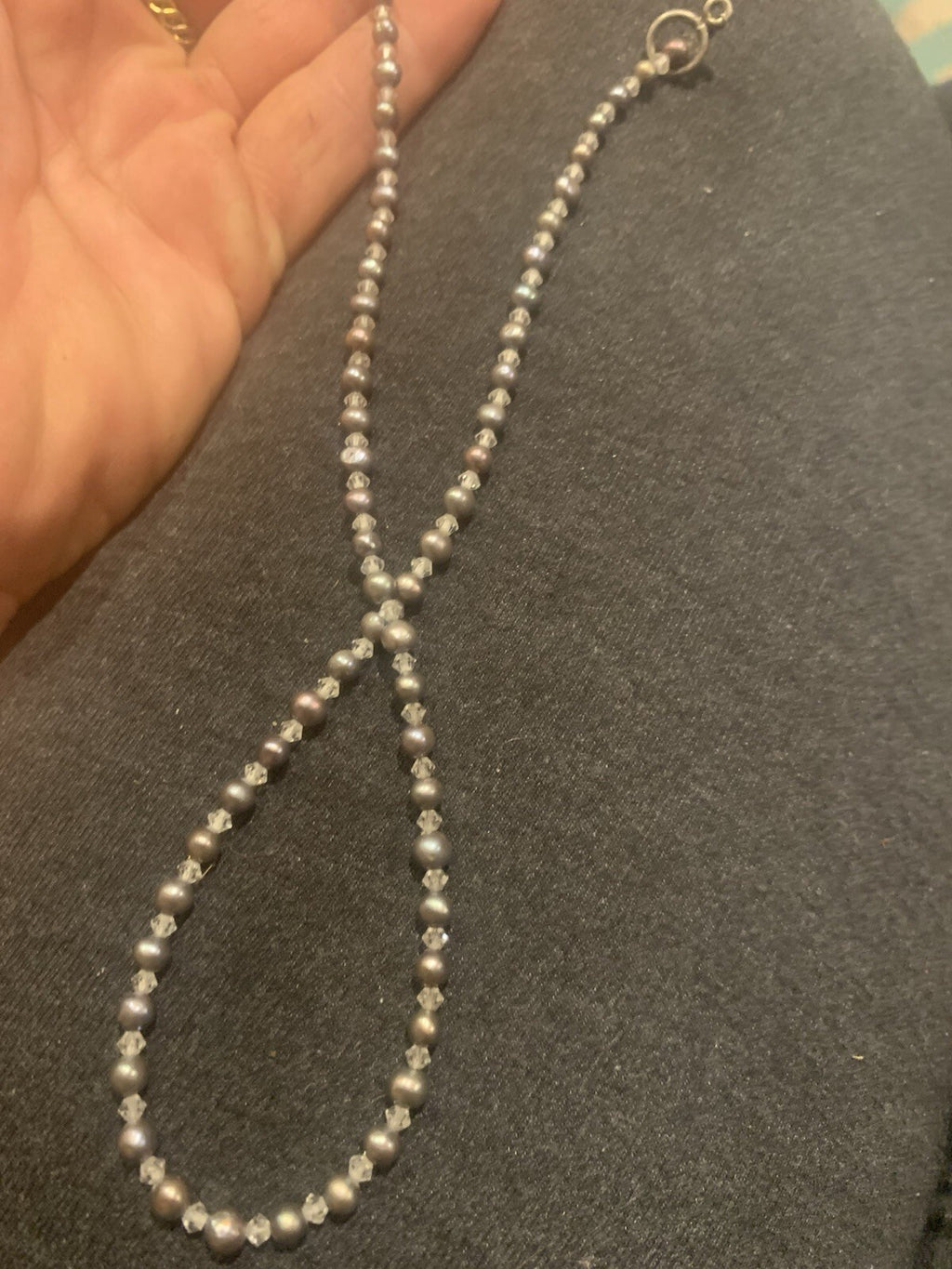 Grey Freshwater Pearl and Faceted Crystal Bicone Beaded Necklace Toggle Clasp