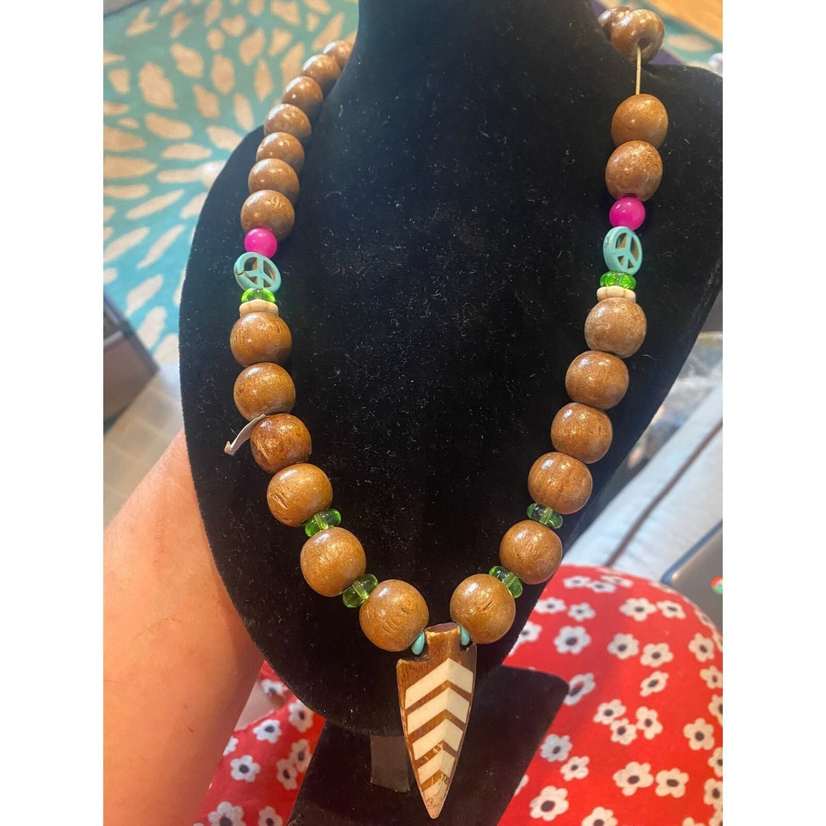 Boho Wood Bead Peace Sign Necklace and Blue Multi Strand Bracelet Set