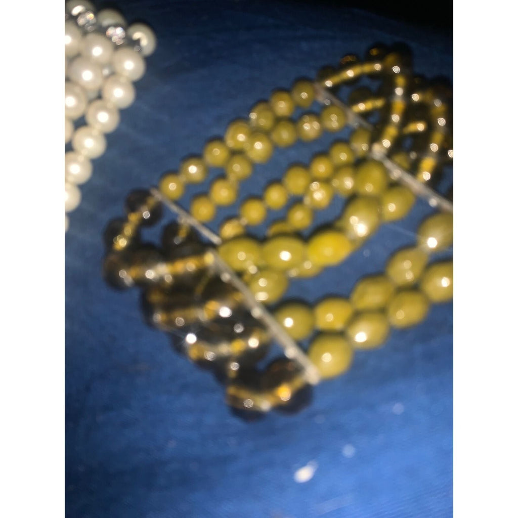 Vintage Style Olive Green Smoky Amber Beaded Multi Strand Stretch Cuff Bracelet