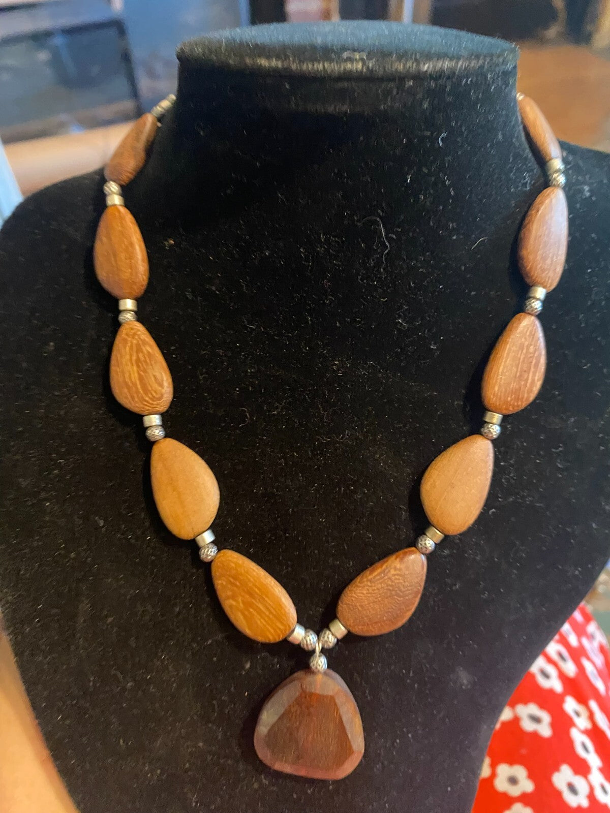 Vintage 1970s Teardrop Wood Statement Necklace Beaded Retro Boho Brown Silver