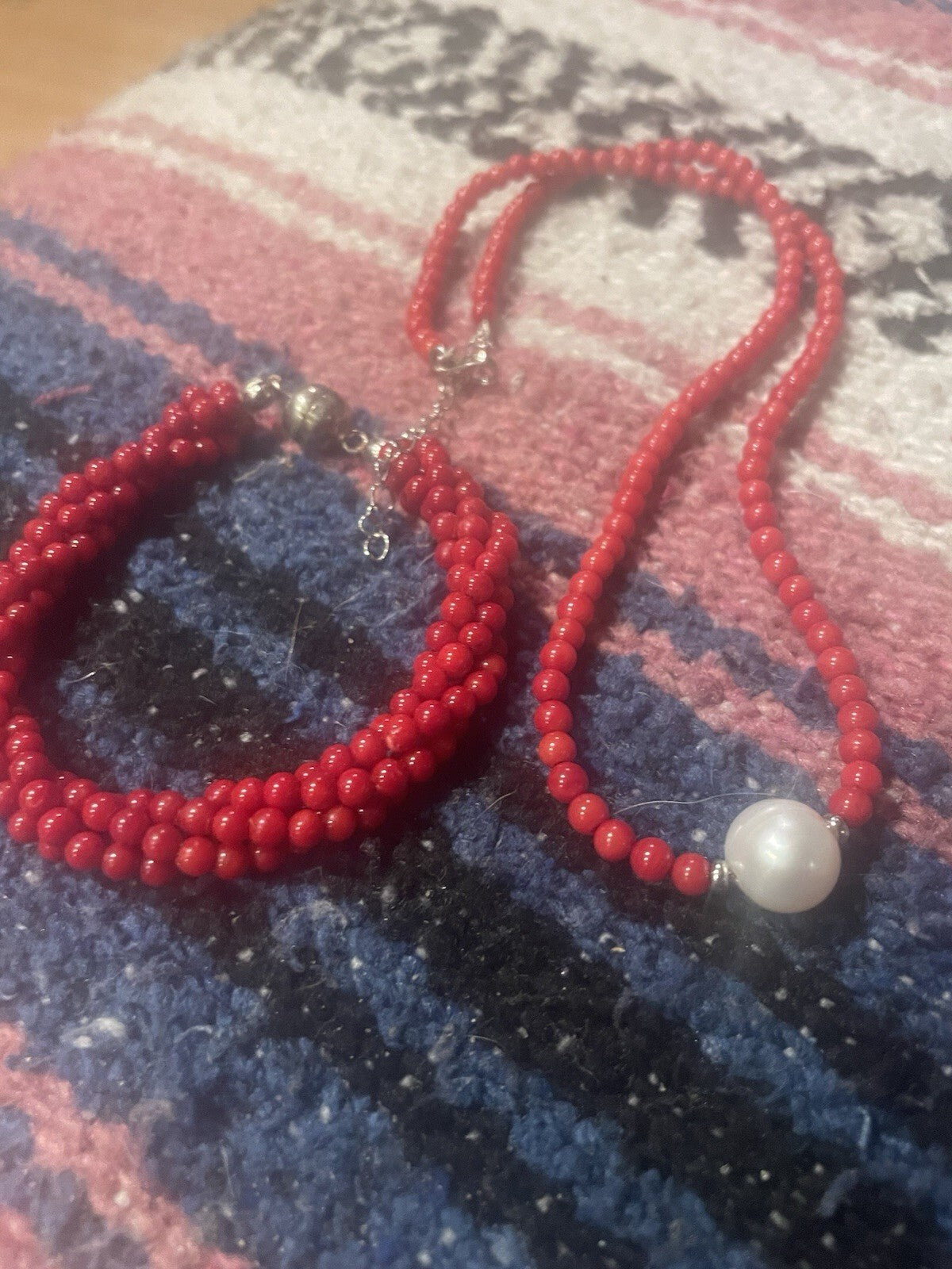 Red Coral Pearl Necklace And Weaved 925 Coral Bracelet