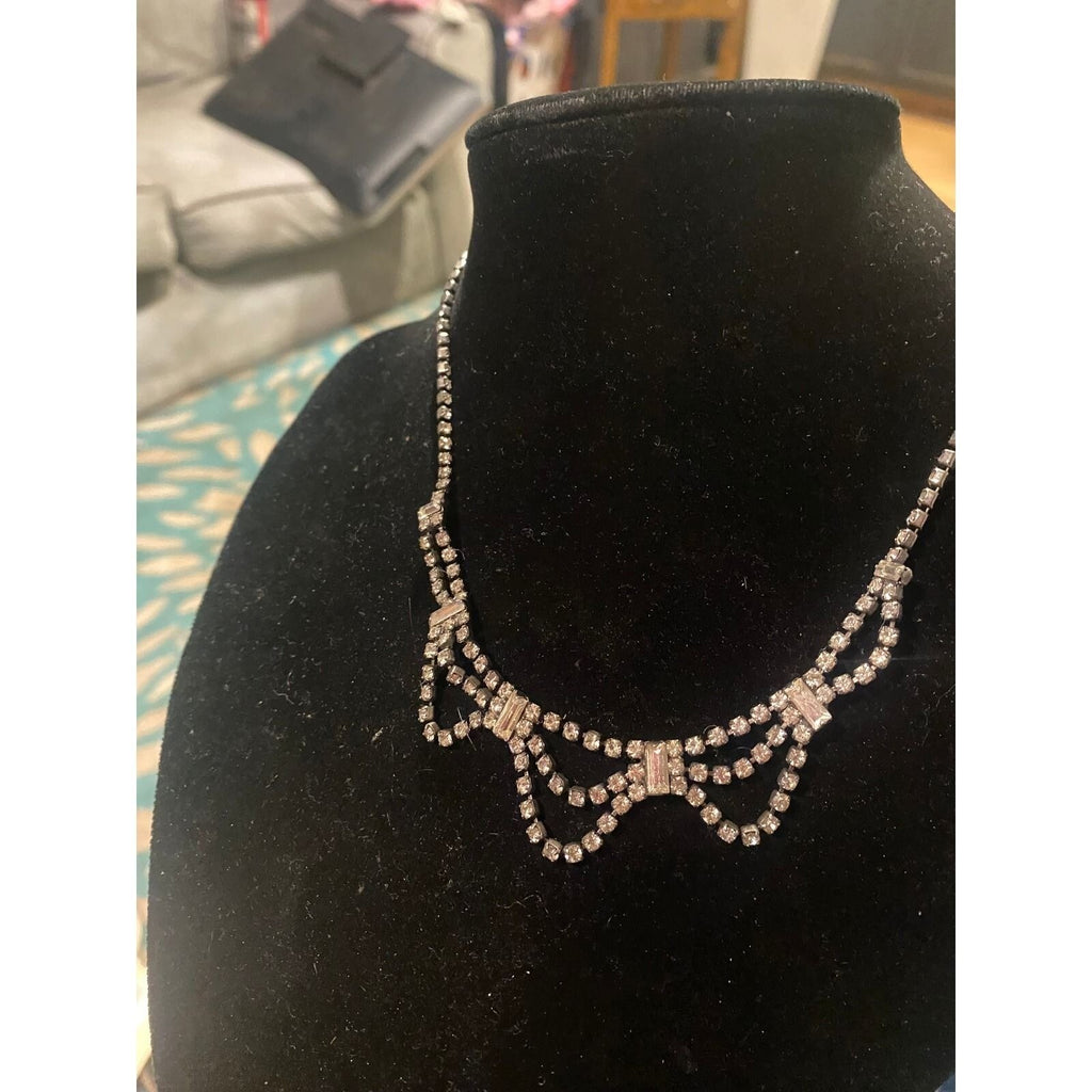 Vintage Rhinestone Festoon Necklace Silver Tone Baguette Crystal Swag Bib 16in