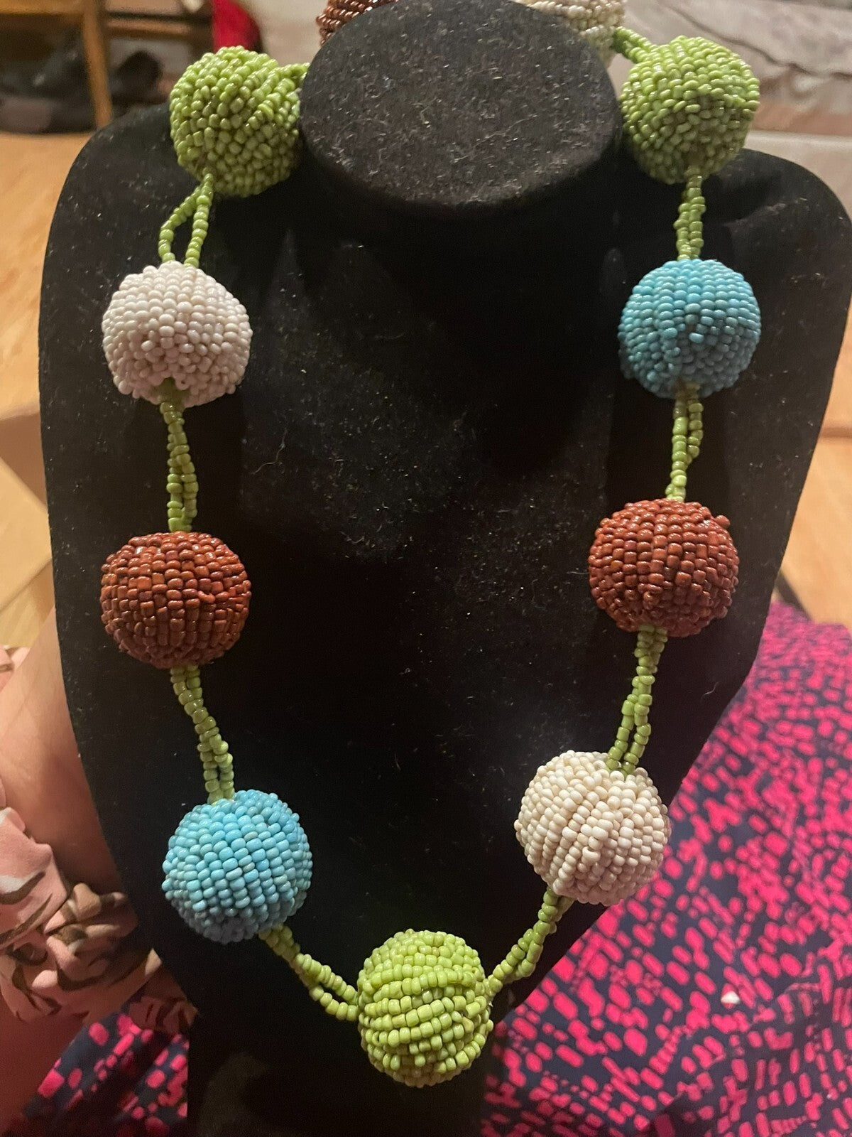 chunky bohemian beaded sphere and seed-beaded globe necklace