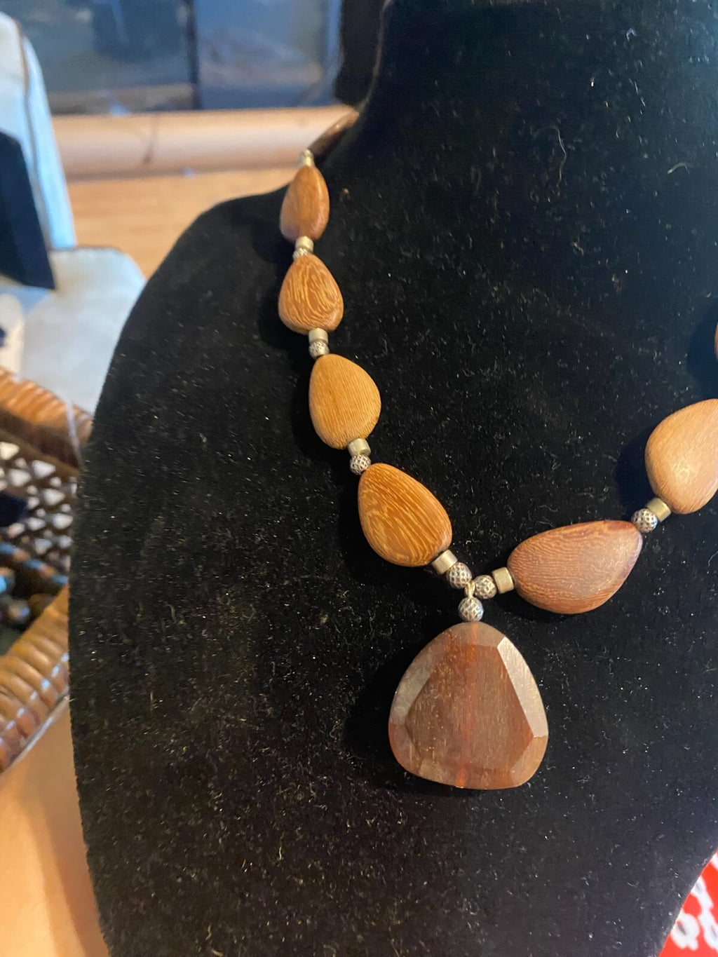 Vintage 1970s Teardrop Wood Statement Necklace Beaded Retro Boho Brown Silver