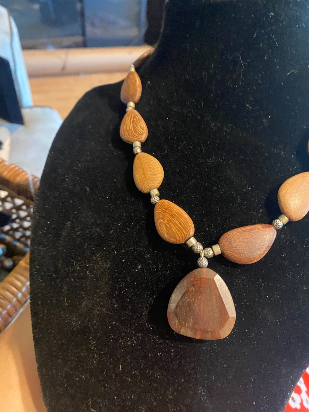 Vintage 1970s Teardrop Wood Statement Necklace Beaded Retro Boho Brown Silver