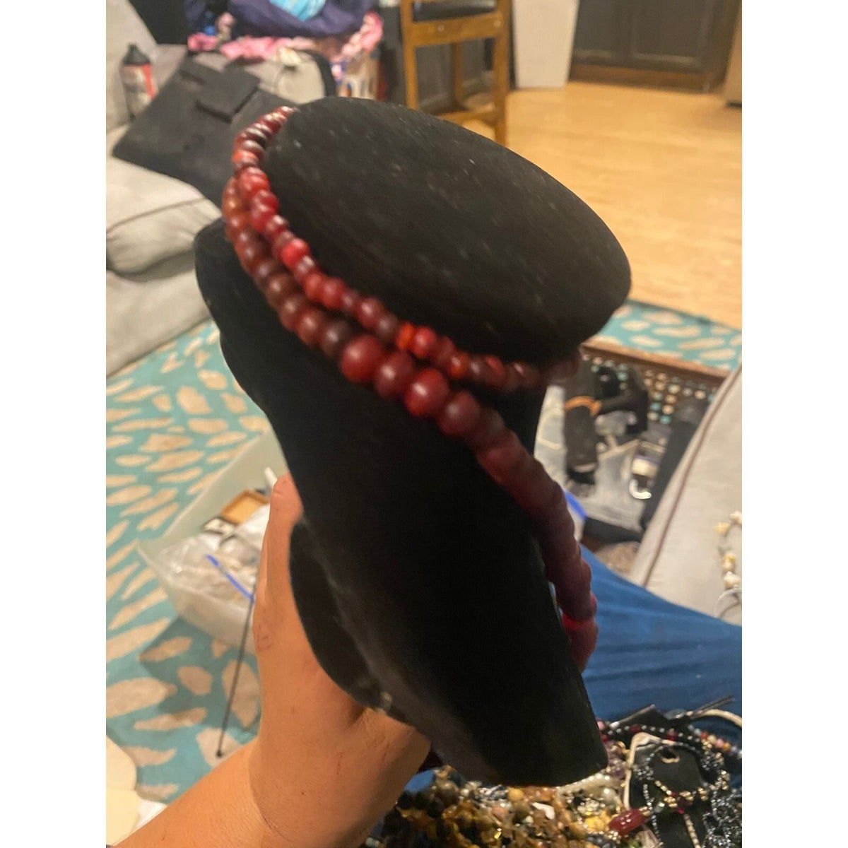 Vintage Red Graduated Beaded Necklace UV Reactive Wood Boho Statement 20 Inch