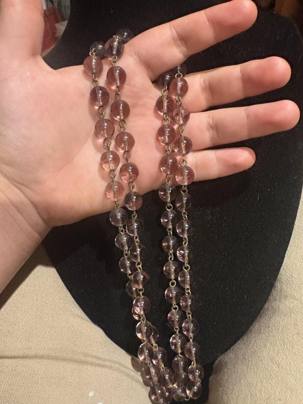 vintage pale amethyst bead long necklace 1930’s Swarovski Rose