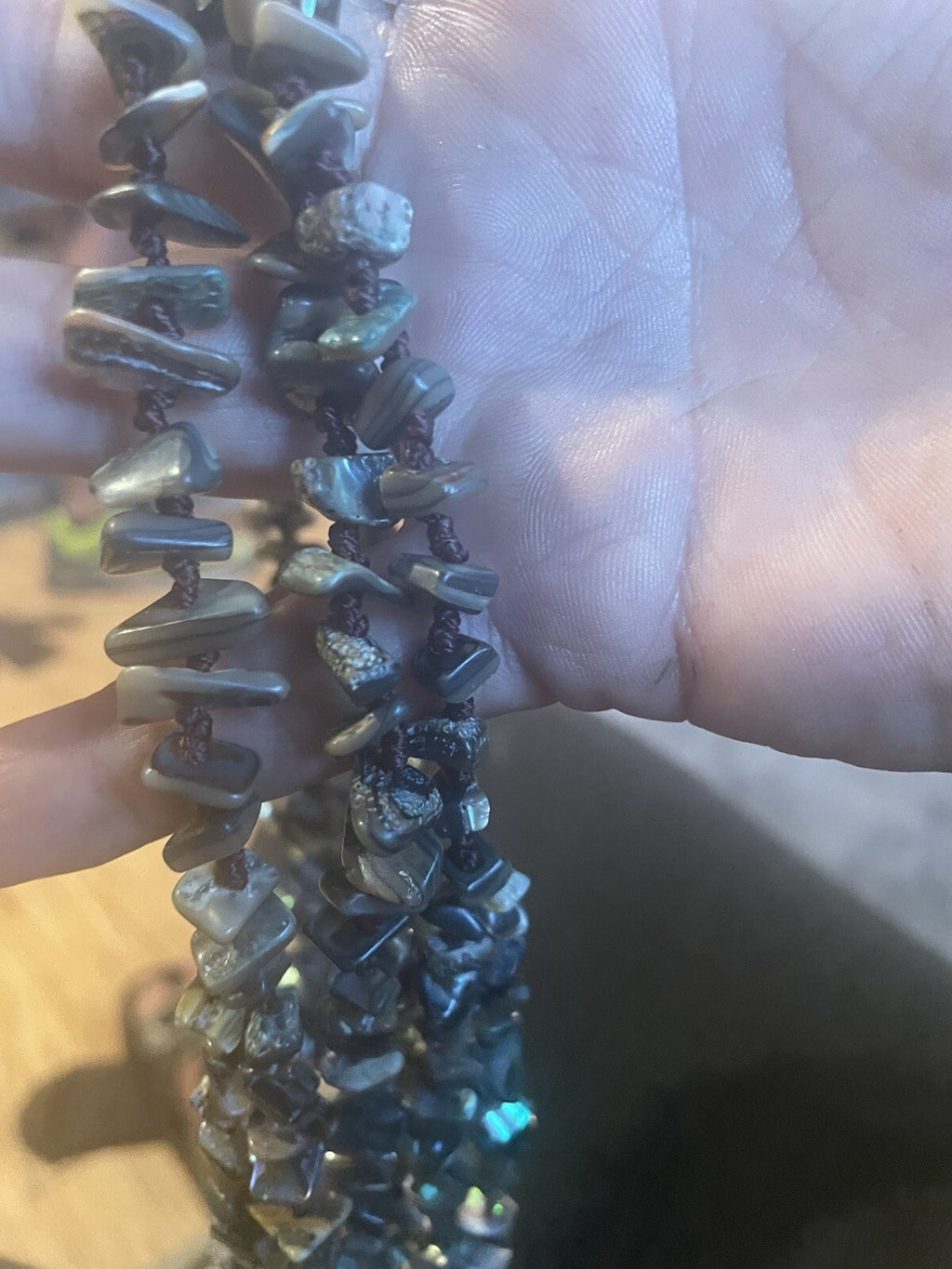 Vintage Double Knotted Multi strand Abolone Chip Necklace With Button Clasp